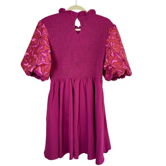 Entro Anthropologie Embroidered Bubble Sleeve Smocked Minidress size Large - Picture 3 of 7